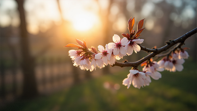 夕阳下粉白花朵开满树枝